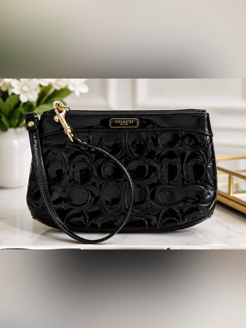 Coach Black Patent Signature Wristlet with Gold-Tone Plaque